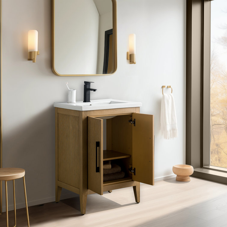 Natural Oak and Matte Black 24" Single Bathroom Vanity with Ceramic Top