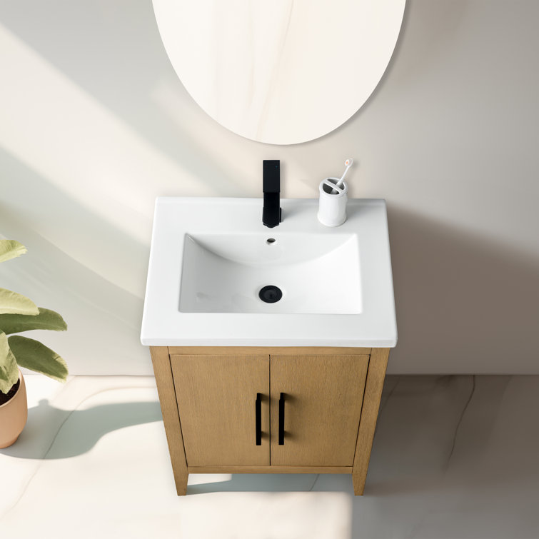 Natural Oak and Matte Black 24" Single Bathroom Vanity with Ceramic Top
