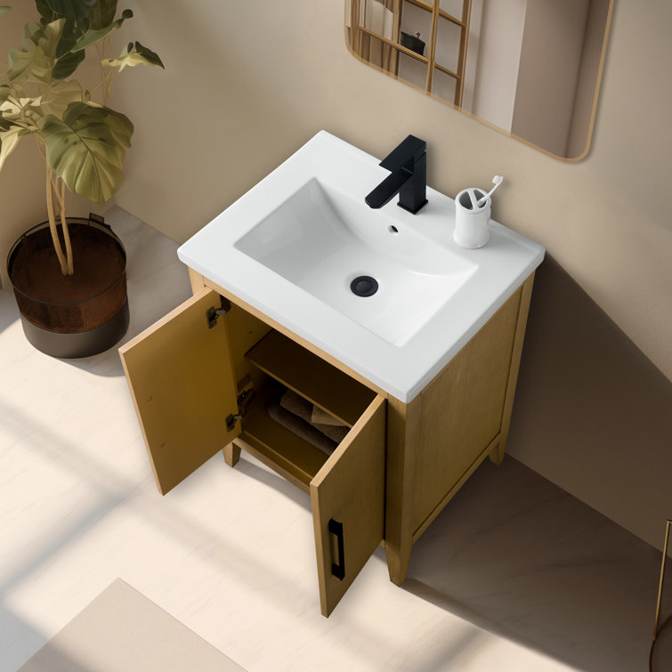 Natural Oak and Matte Black 24" Single Bathroom Vanity with Ceramic Top