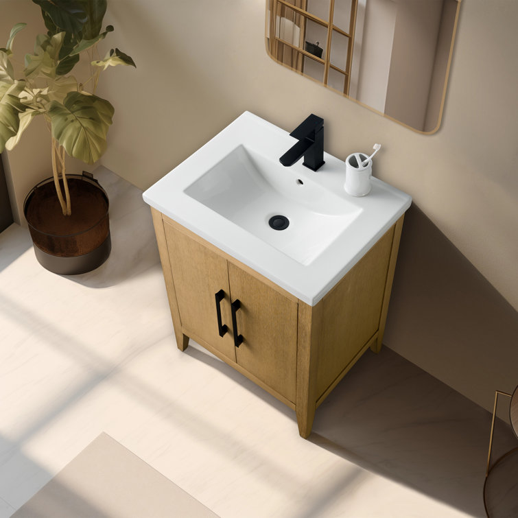Natural Oak and Matte Black 24" Single Bathroom Vanity with Ceramic Top