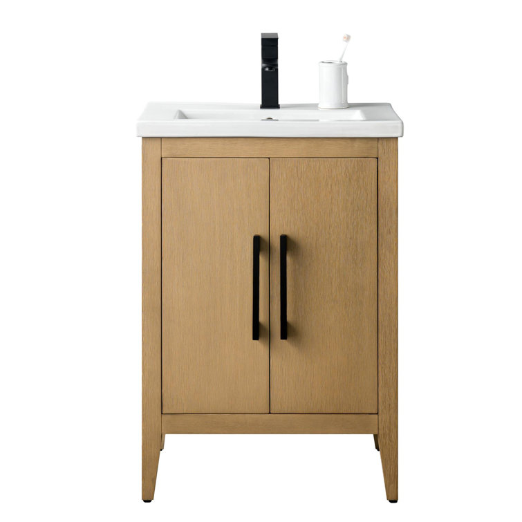 Natural Oak and Matte Black 24" Single Bathroom Vanity with Ceramic Top