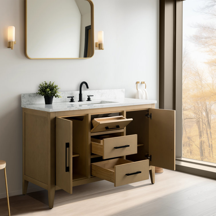 48'' Natural Oak Single Bathroom Vanity with Engineered Marble Top