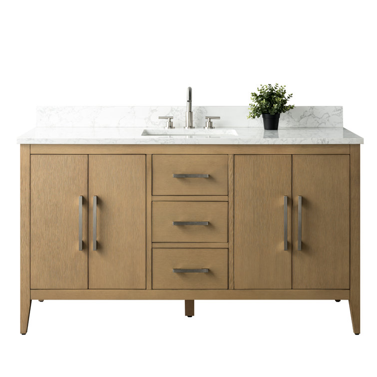 Natural Oak 60'' Single Bathroom Vanity with Engineered Marble Top