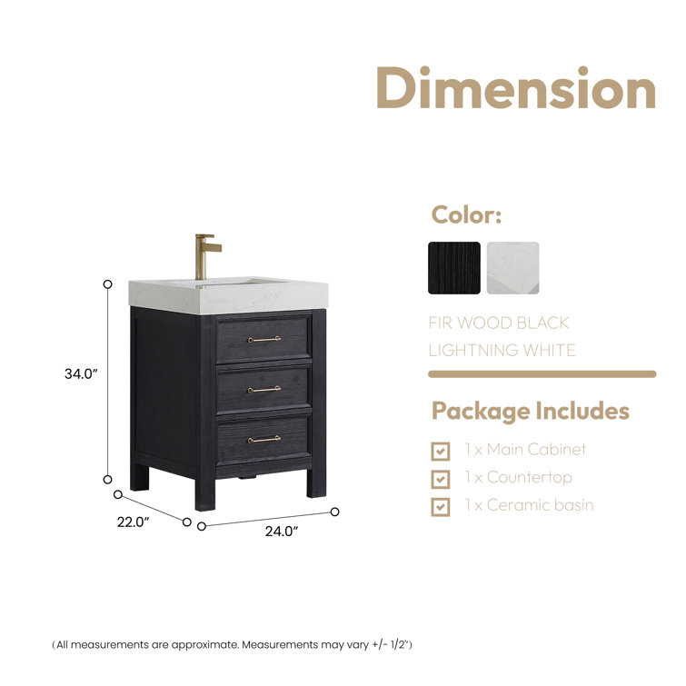 Leon 24'' Black Fir Wood Bathroom Vanity with White Marble Top
