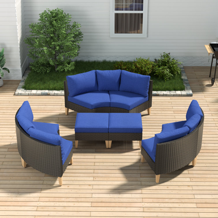 8 Piece Blue Cushioned Modular Rattan Outdoor Sectional Set