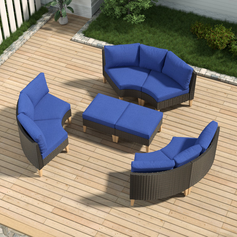 8 Piece Blue Cushioned Modular Rattan Outdoor Sectional Set