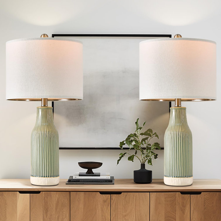 Green Ceramic Table Lamp Set with Linen Drum Shades