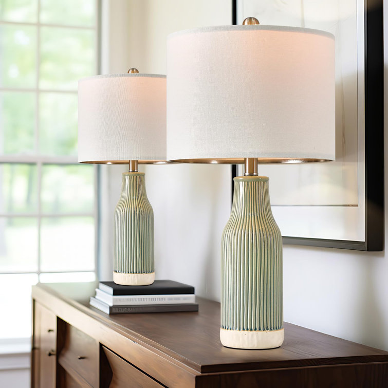 Green Ceramic Table Lamp Set with Linen Drum Shades