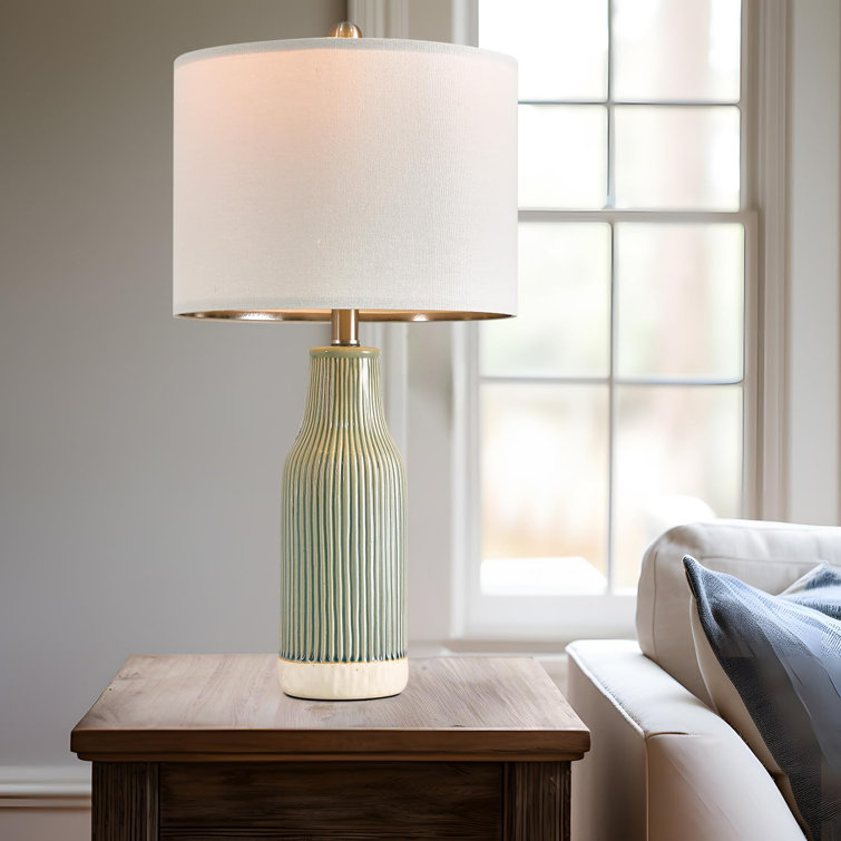 Green Ceramic Table Lamp Set with Linen Drum Shades
