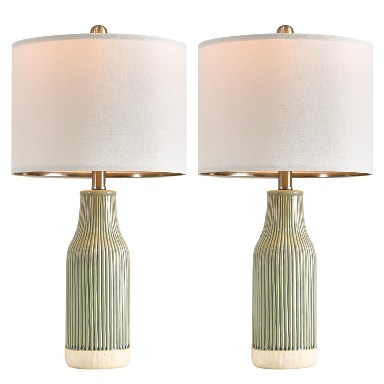 Green Ceramic Table Lamp Set with Linen Drum Shades