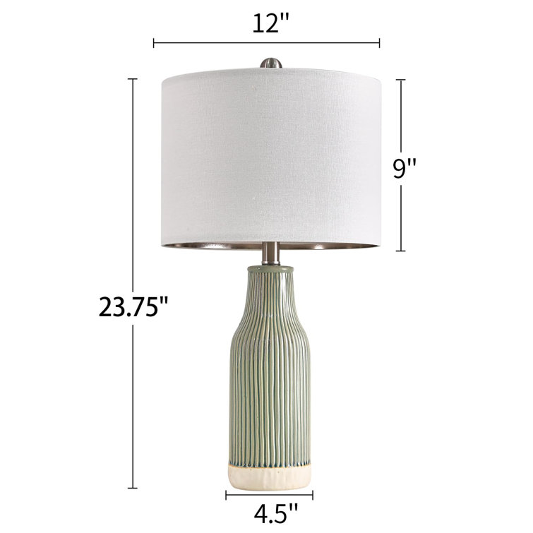 Green Ceramic Table Lamp Set with Linen Drum Shades