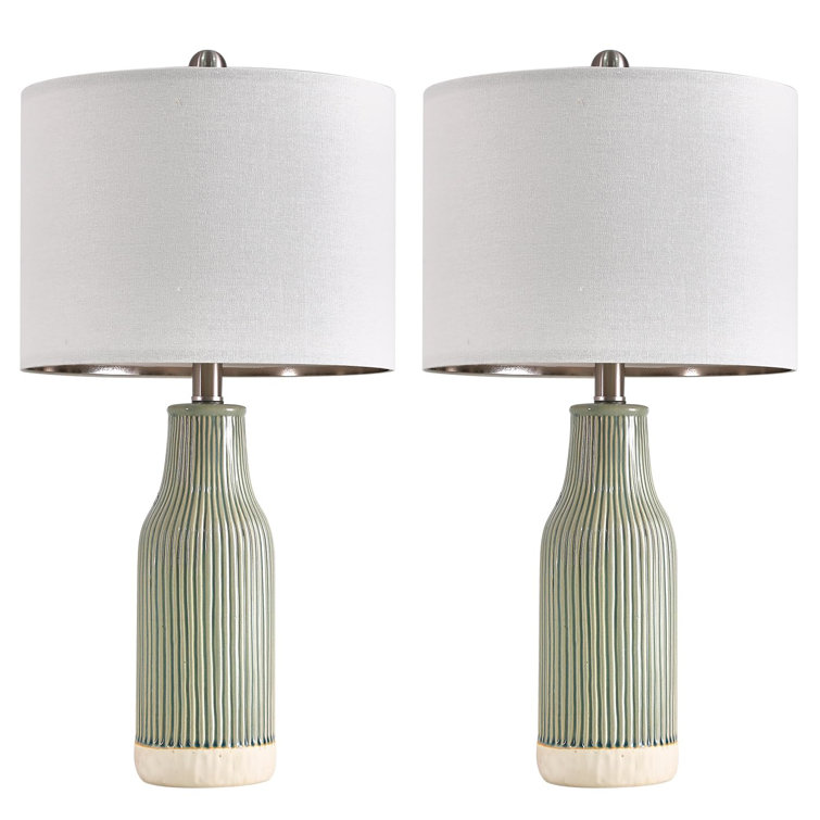 Green Ceramic Table Lamp Set with Linen Drum Shades