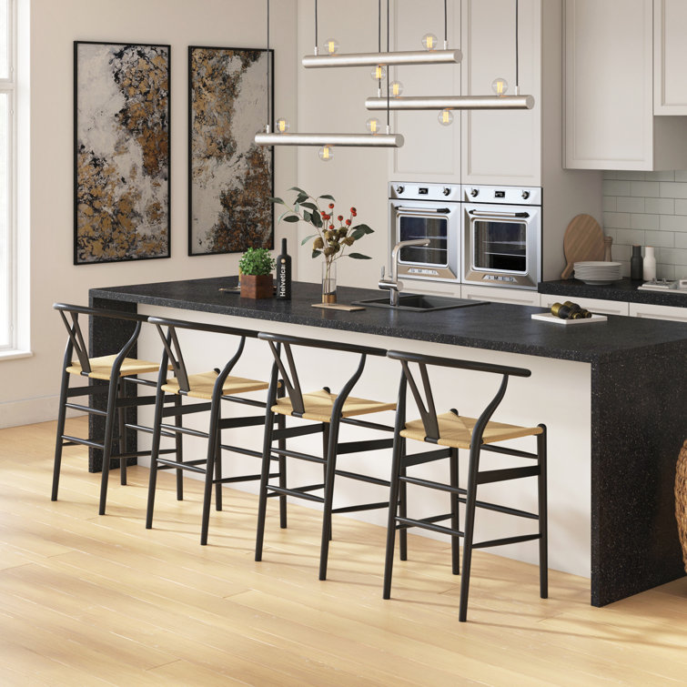 Black and Natural Wood Counter Stool with Wicker Seat
