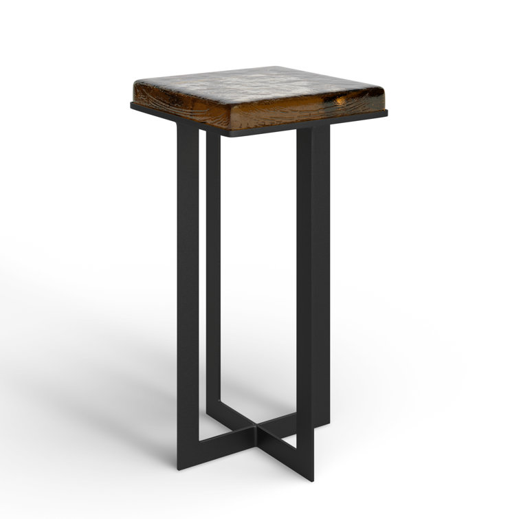 Amber Cast Glass Top Square End Table with Black Cross Legs