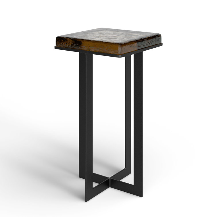 Amber Cast Glass Top Square End Table with Black Cross Legs