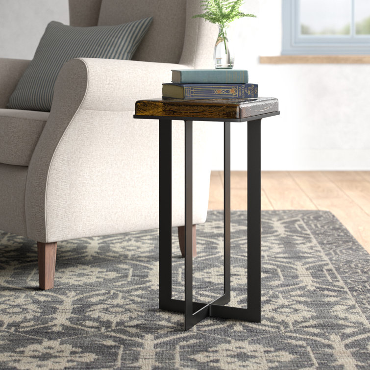 Amber Cast Glass Top Square End Table with Black Cross Legs