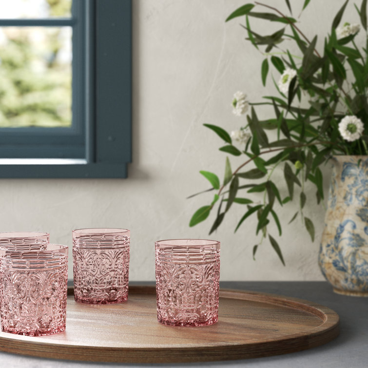 Pink Embossed Glass Whiskey Tumblers Set of Four