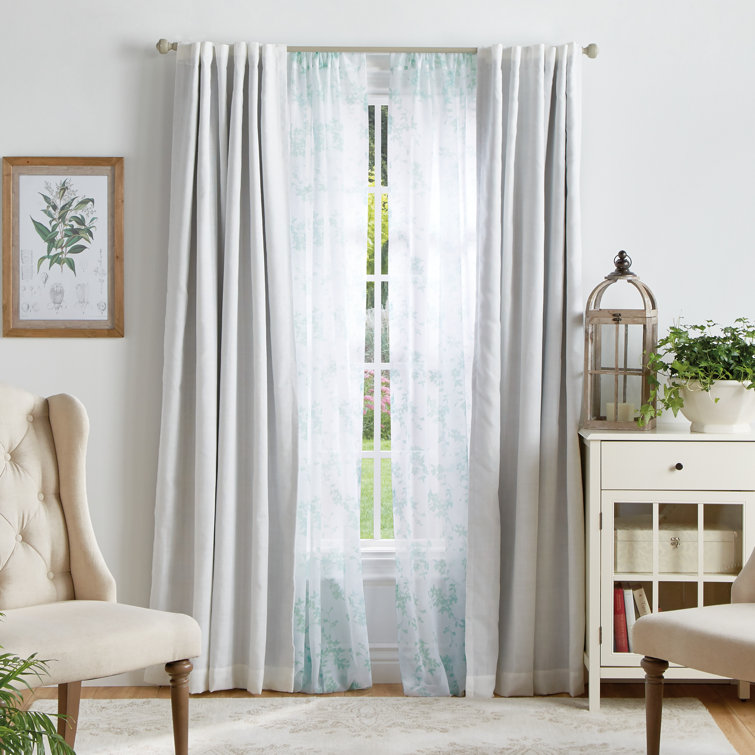 Aqua Floral Sheer Rod Pocket Curtain Panels, 95"