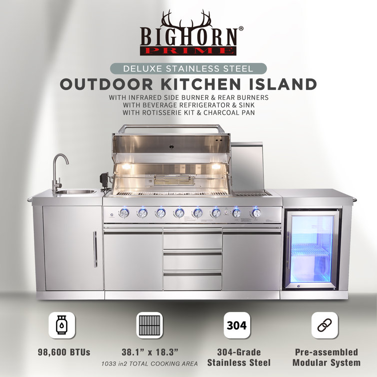 Stainless Steel 6-Burner Propane Grill Island with Rotisserie and Refrigerator