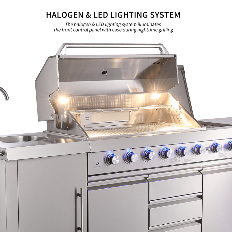 Stainless Steel 6-Burner Propane Grill Island with Rotisserie and Refrigerator
