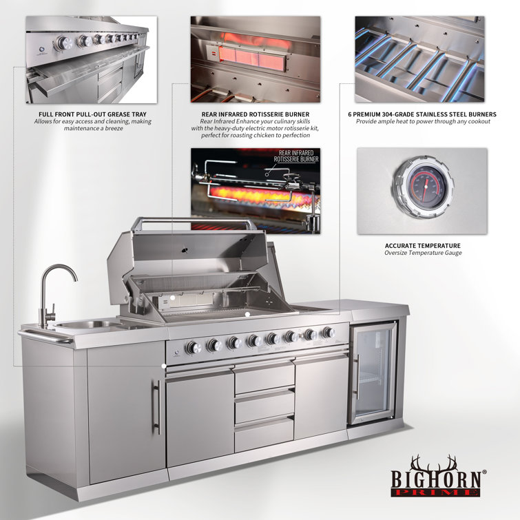 Stainless Steel 6-Burner Propane Grill Island with Rotisserie and Refrigerator