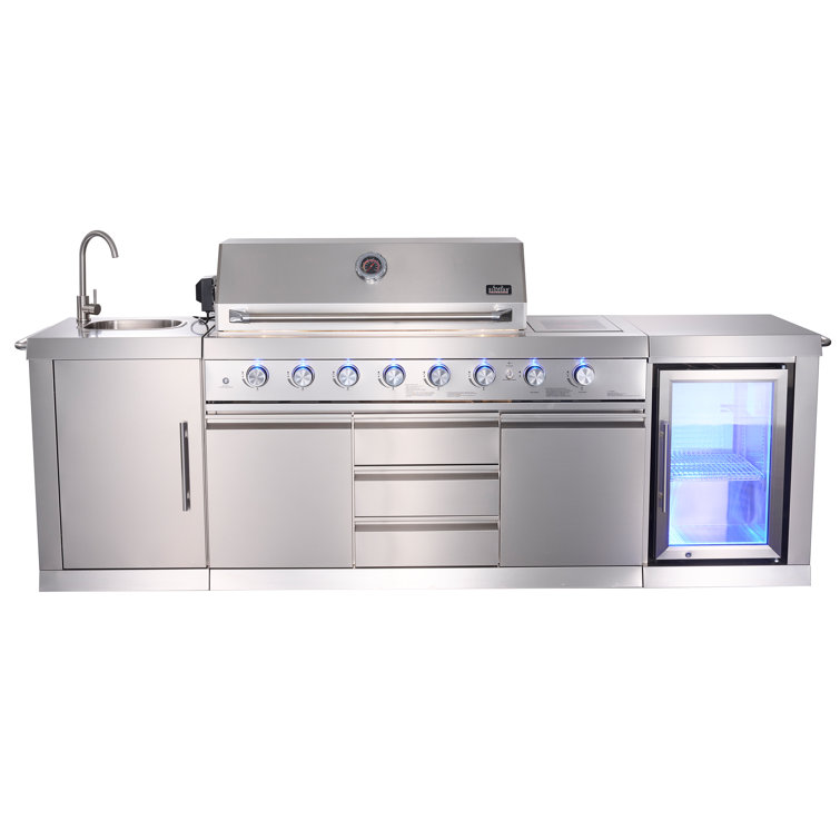 Stainless Steel 6-Burner Propane Grill Island with Rotisserie and Refrigerator