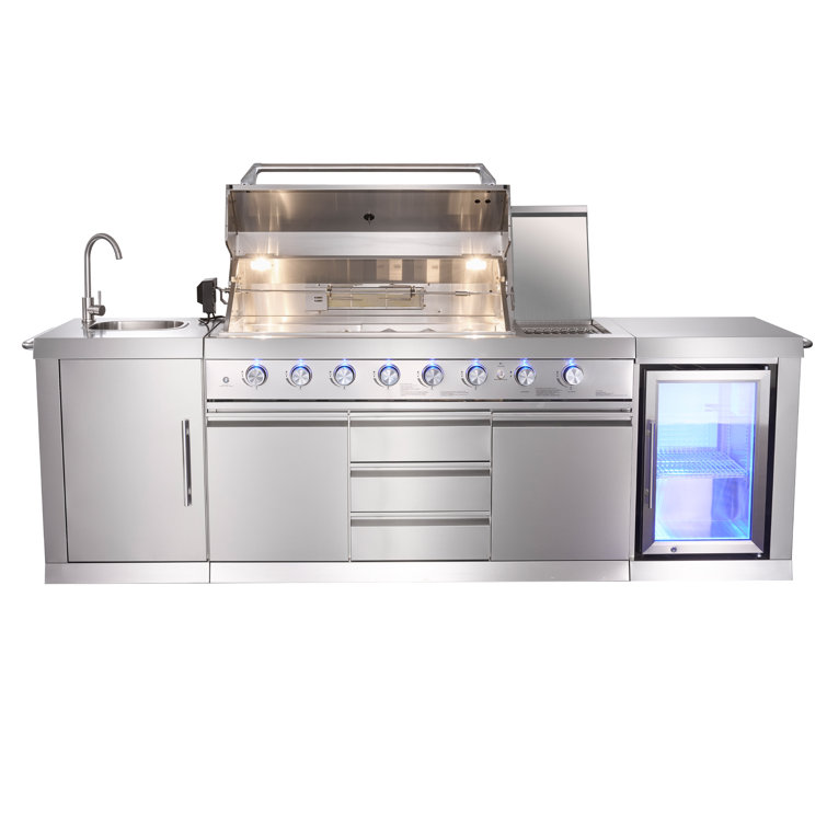 Stainless Steel 6-Burner Propane Grill Island with Rotisserie and Refrigerator