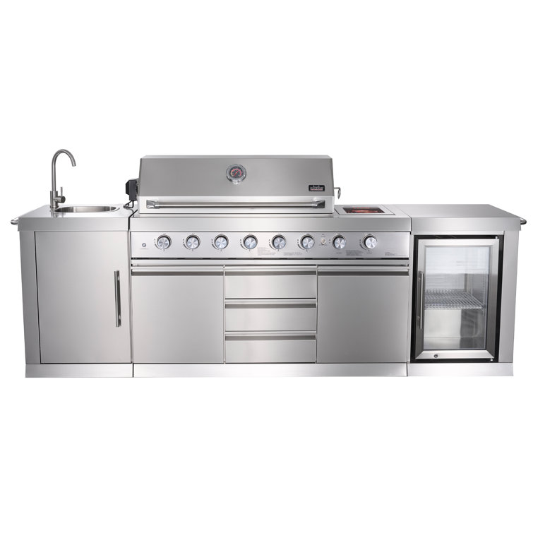Stainless Steel 6-Burner Propane Grill Island with Rotisserie and Refrigerator