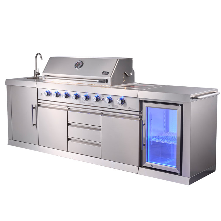 Stainless Steel 6-Burner Propane Grill Island with Rotisserie and Refrigerator