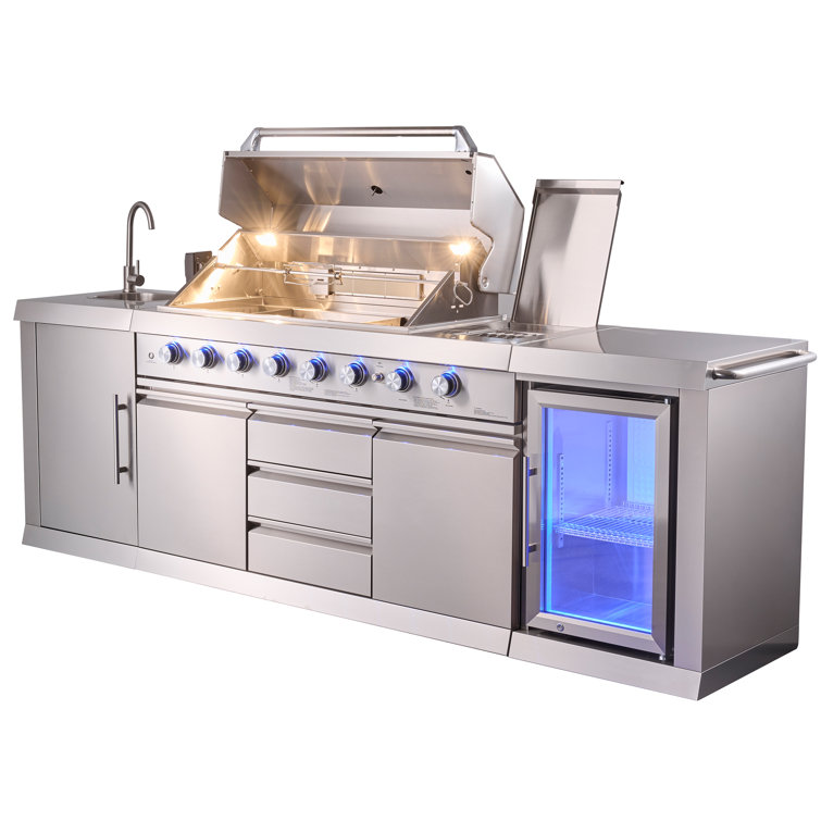 Stainless Steel 6-Burner Propane Grill Island with Rotisserie and Refrigerator