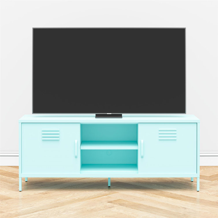 Mint Powder-Coated Metal TV Stand with Sliding Doors
