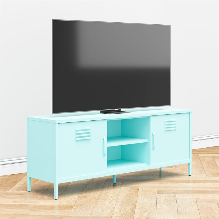 Mint Powder-Coated Metal TV Stand with Sliding Doors