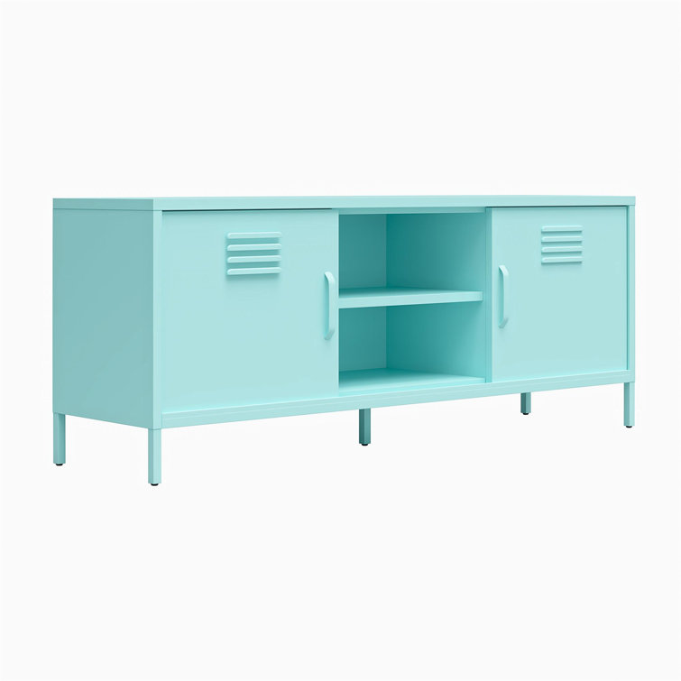 Mint Powder-Coated Metal TV Stand with Sliding Doors