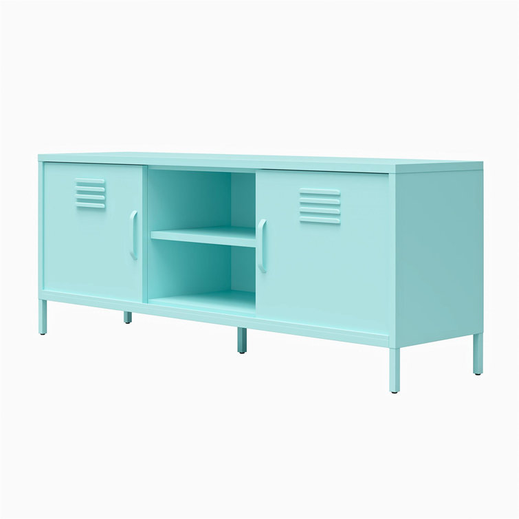 Mint Powder-Coated Metal TV Stand with Sliding Doors
