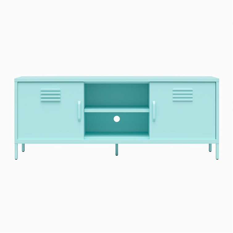 Mint Powder-Coated Metal TV Stand with Sliding Doors