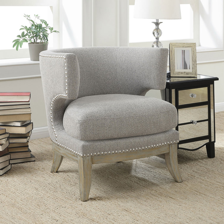 Transitional Grey Barrel Accent Chair with Weathered Wood