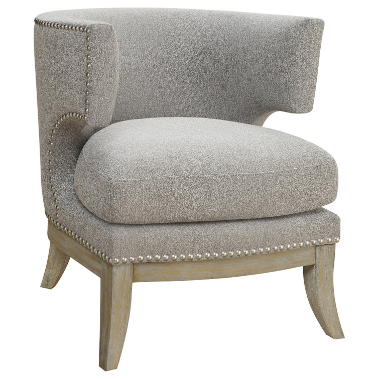 Transitional Grey Barrel Accent Chair with Weathered Wood