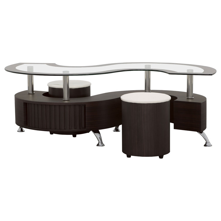 Serpentine Cappuccino Coffee Table with Chrome Accents and Stools