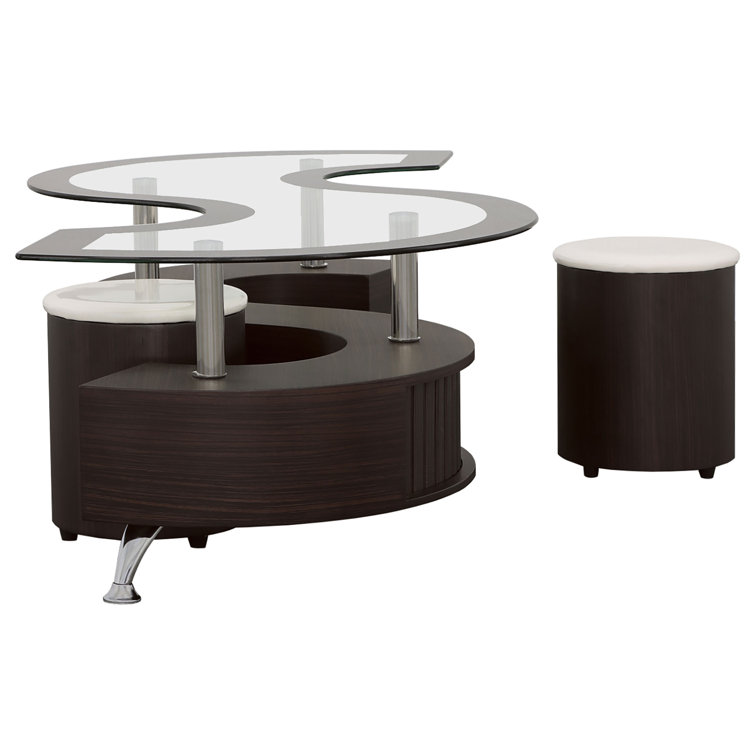 Serpentine Cappuccino Coffee Table with Chrome Accents and Stools