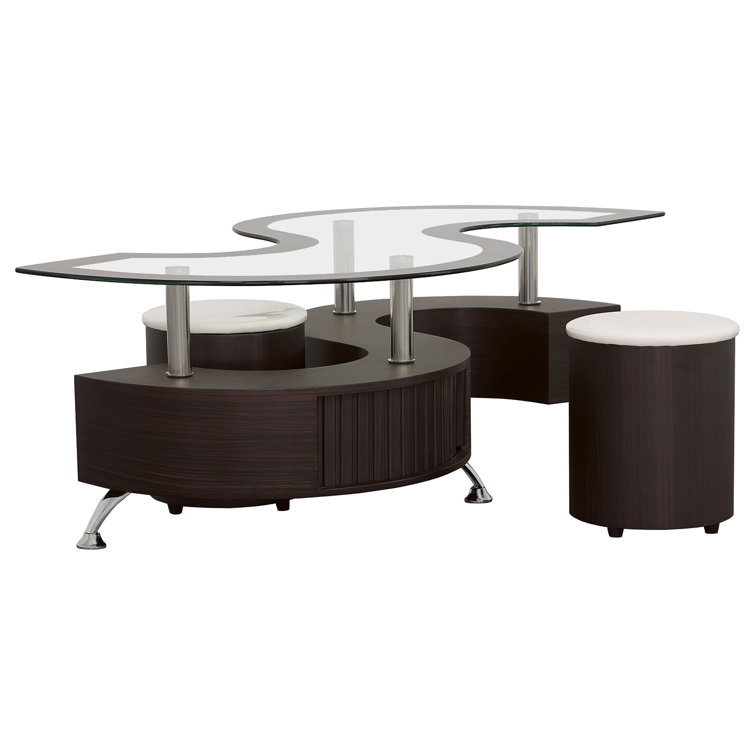 Serpentine Cappuccino Coffee Table with Chrome Accents and Stools
