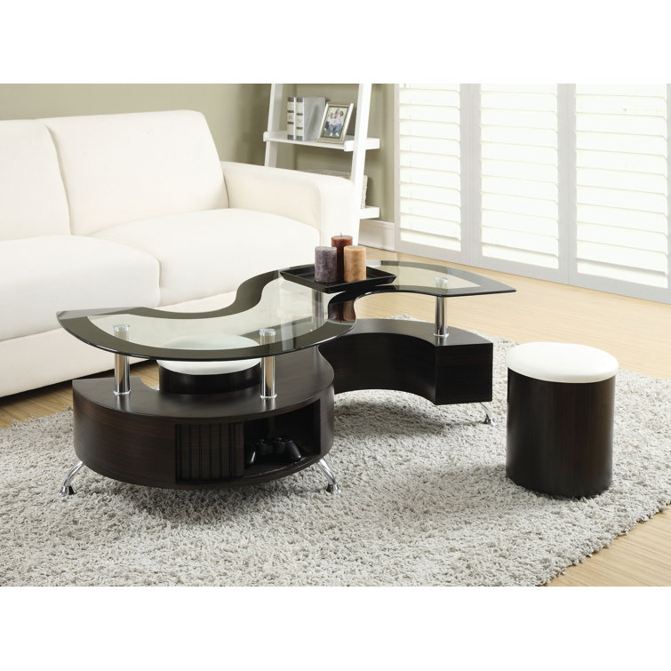Serpentine Cappuccino Coffee Table with Chrome Accents and Stools