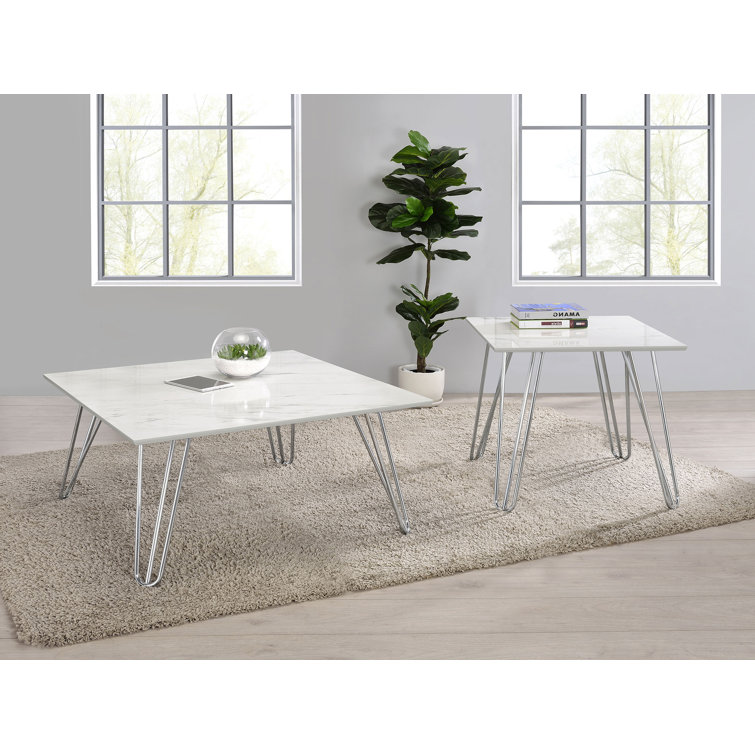 Contemporary White Faux Marble 24" Square Coffee Table with Chrome Hairpin Legs