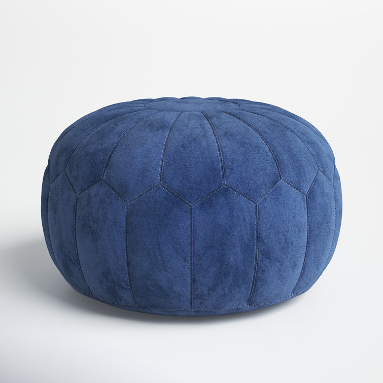 Blue Floral Oversized Round Pouf Ottoman with White Stitching
