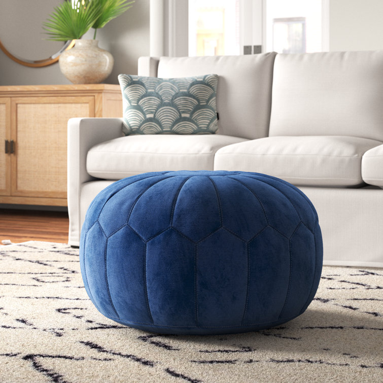 Blue Floral Oversized Round Pouf Ottoman with White Stitching