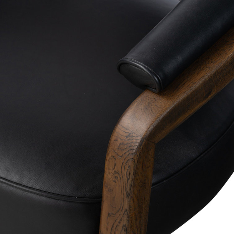 Carson Black Genuine Leather Barrel Chair with Oak Frame