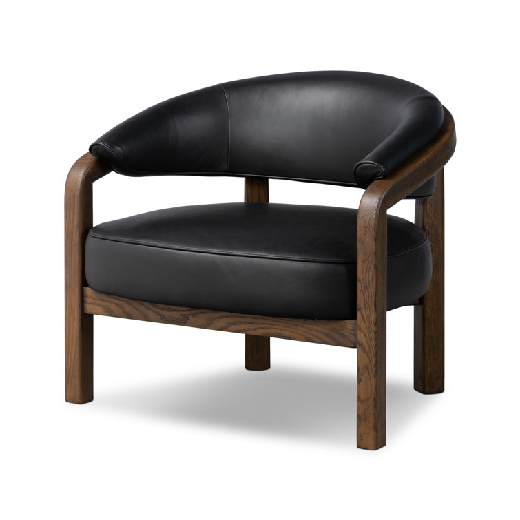 Carson Black Genuine Leather Barrel Chair with Oak Frame