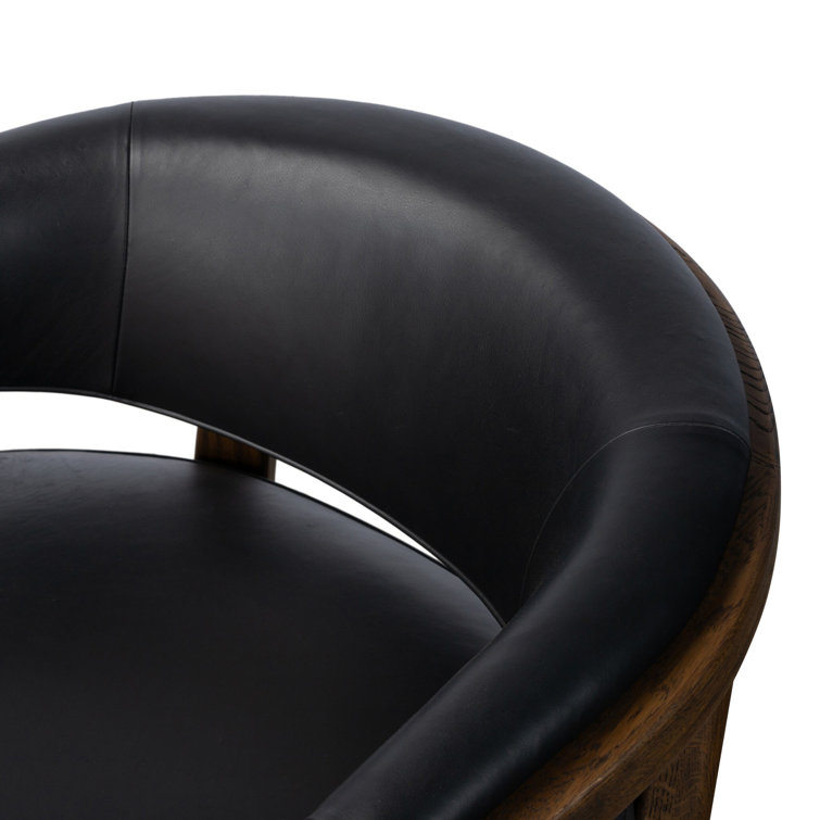 Carson Black Genuine Leather Barrel Chair with Oak Frame