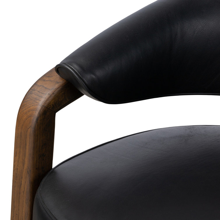Carson Black Genuine Leather Barrel Chair with Oak Frame