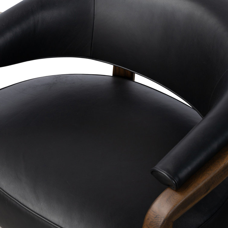 Carson Black Genuine Leather Barrel Chair with Oak Frame