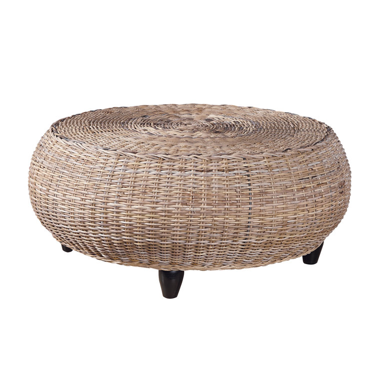 Kubu Round Woven Rattan Ottoman with Dark Brown Legs